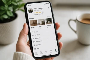 Main tenant un smartphone affichant le menu paramètres d'une application de vente entre particuliers