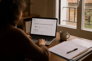 Personne remplissant un formulaire de signalement de travail dissimulé sur un ordinateur portable à domicile
