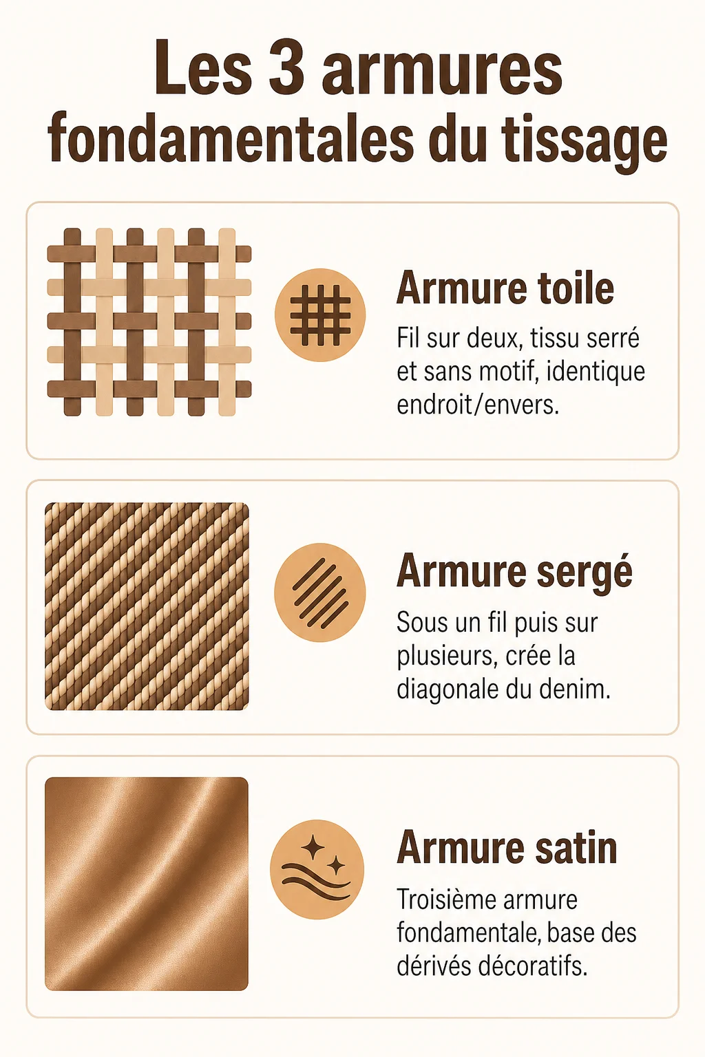 Les 3 armures fondamentales du tissage : Armure toile, Armure sergé, Armure satin