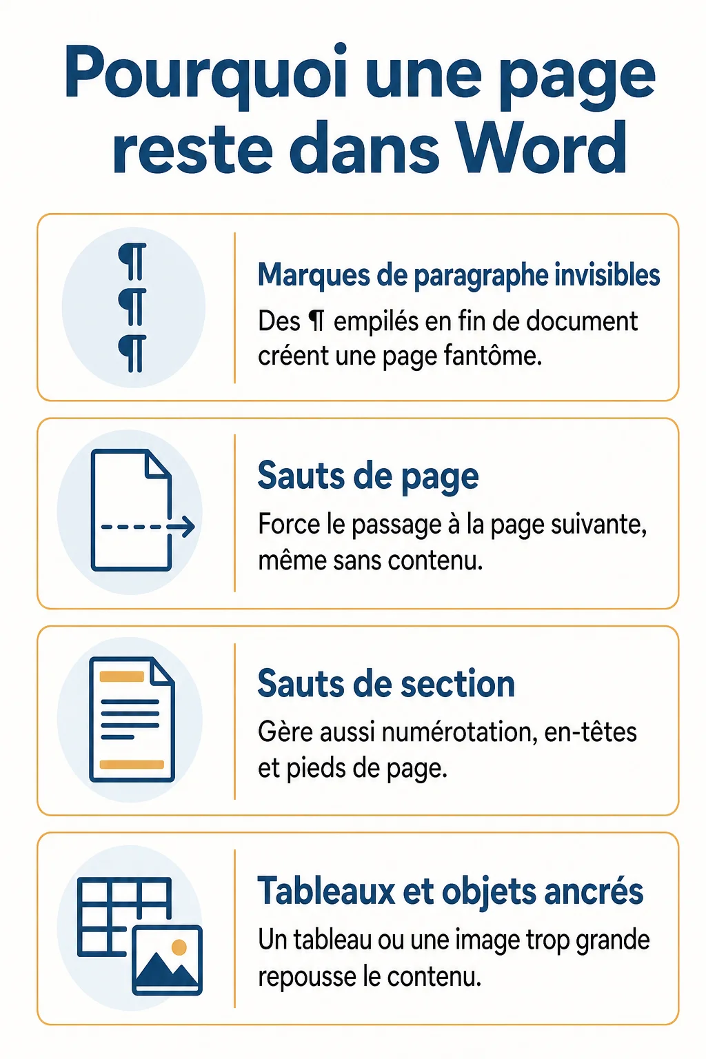 Pourquoi une page reste dans Word : Marques de paragraphe invisibles, Sauts de page, Sauts de section, Tableaux et objets ancrés