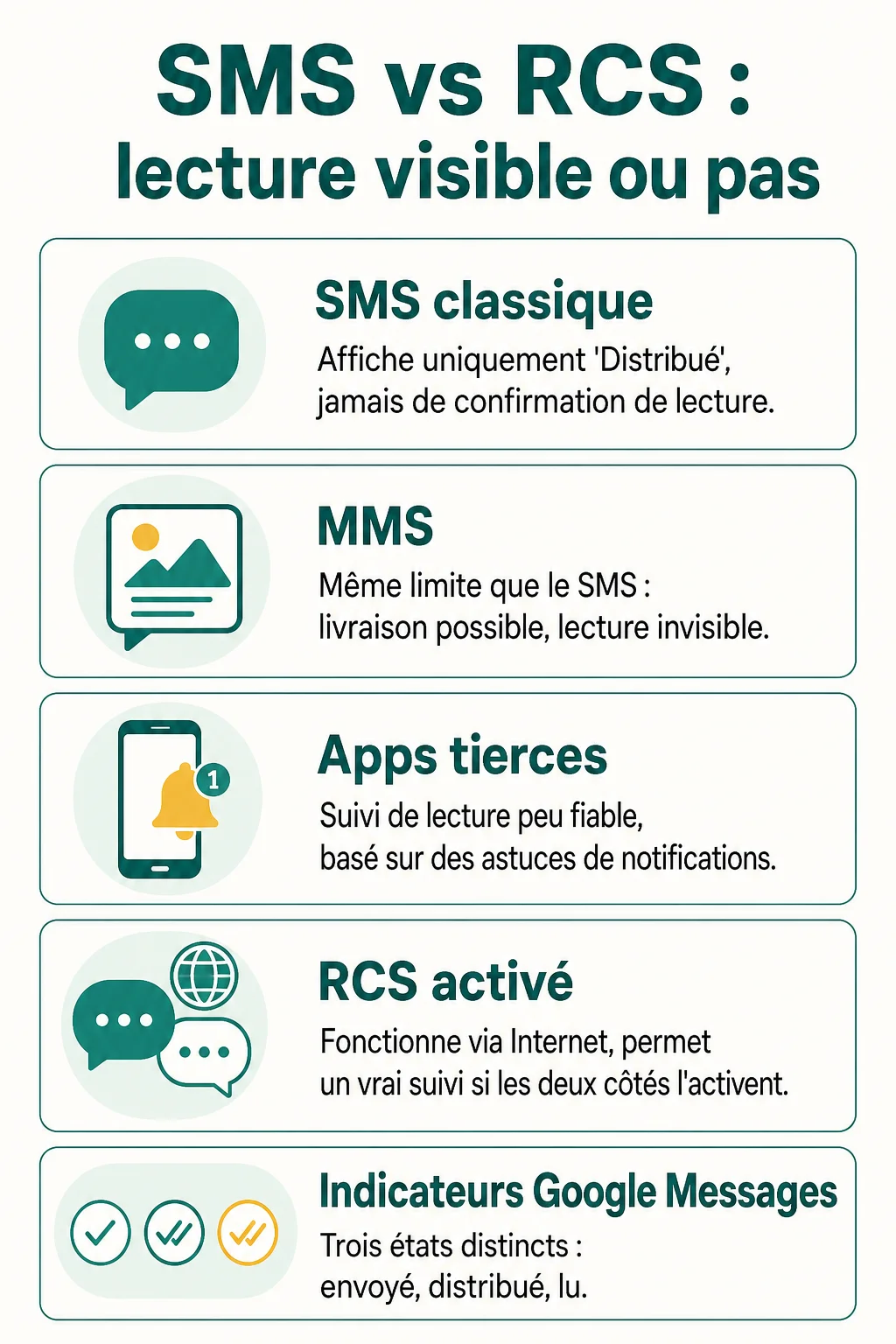 SMS vs RCS : lecture visible ou pas : SMS classique, MMS, Apps tierces, RCS activé, Indicateurs Google Messages