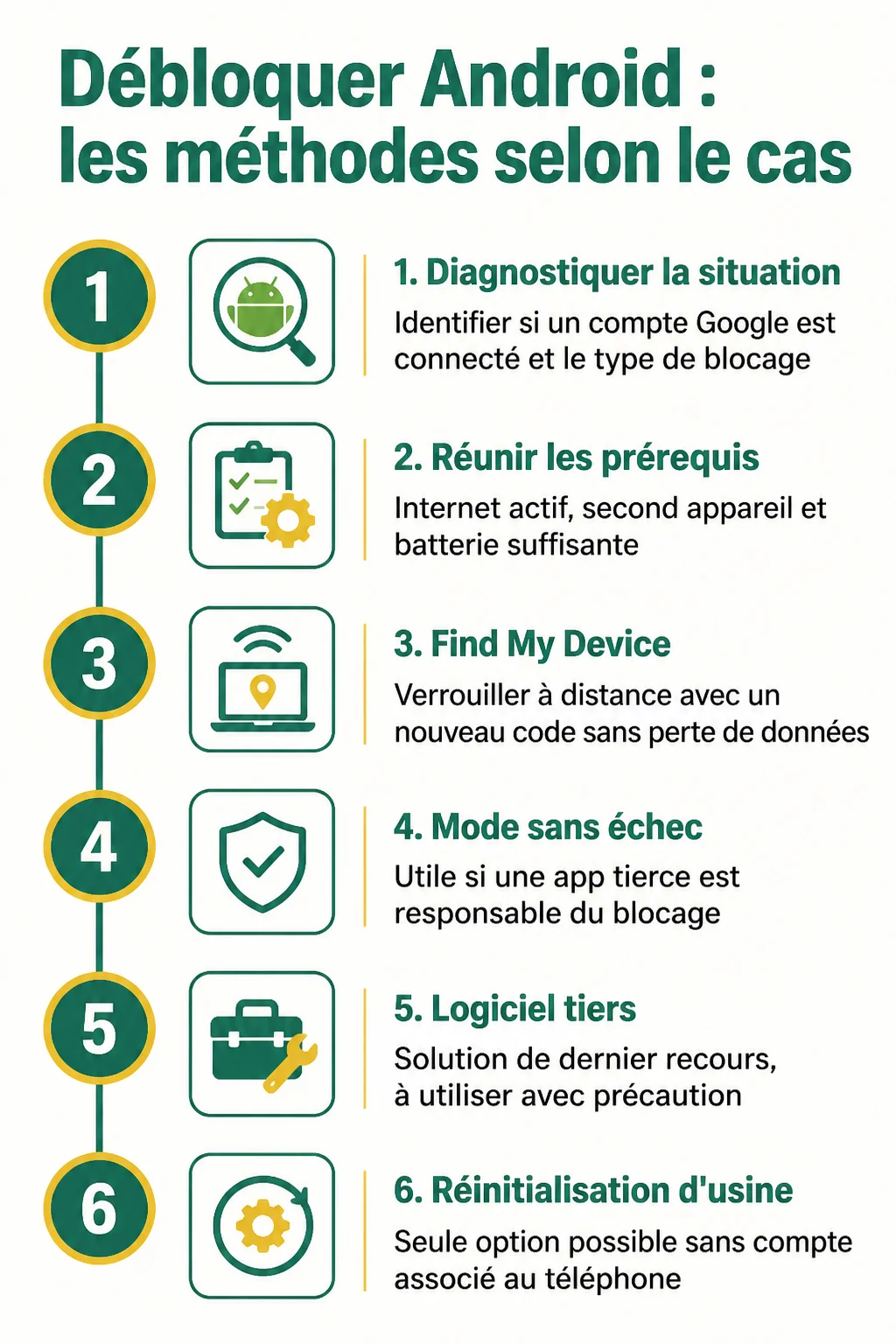 Débloquer Android : les méthodes selon le cas : 1. Diagnostiquer la situation, 2. Réunir les prérequis, 3. Find My Device, 4. Mode sans échec, 5. Logiciel tiers, 6. Réinitialisation d'usine