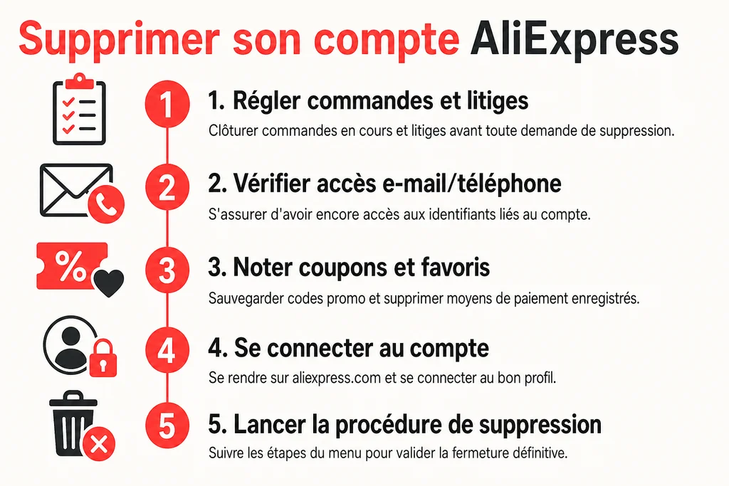 Supprimer son compte AliExpress : 1. Régler commandes et litiges, 2. Vérifier accès e-mail/téléphone, 3. Noter coupons et favoris, 4. Se connecter au compte, 5. Lancer la procédure de suppression