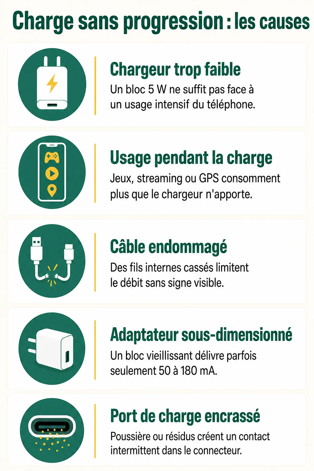 Charge sans progression : les causes : Chargeur trop faible, Usage pendant la charge, Câble endommagé, Adaptateur sous-dimensionné, Port de charge encrassé