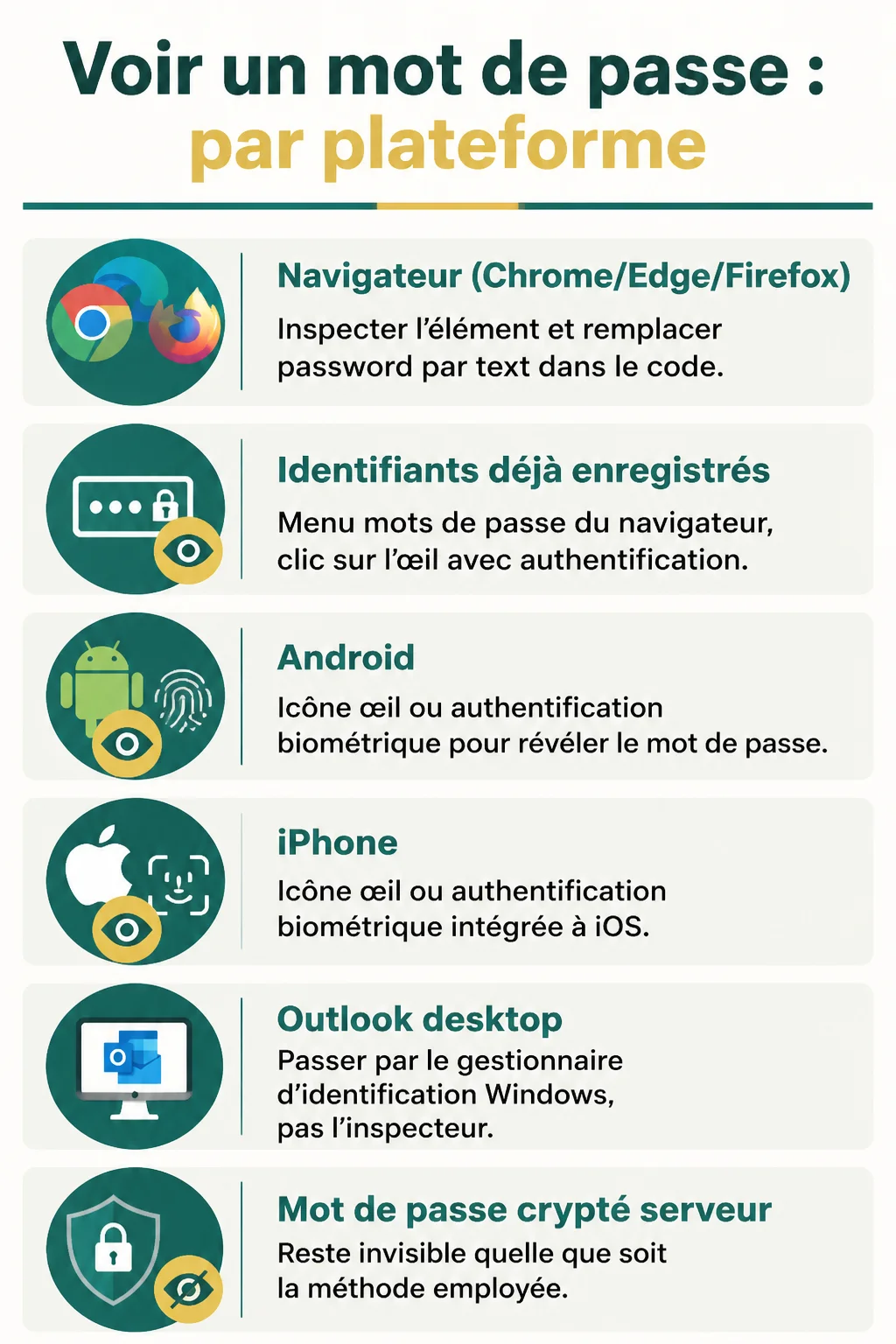 Voir un mot de passe : par plateforme : Navigateur (Chrome/Edge/Firefox), Identifiants déjà enregistrés, Android, iPhone, Outlook desktop, Mot de passe crypté serveur
