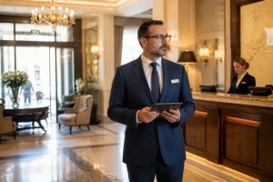 Inspecteur contrôlant le classement d'un hôtel dans un hall d'accueil élégant