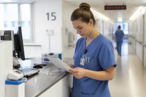 Infirmière en tenue bleue consultant un dossier patient dans un hôpital suisse moderne