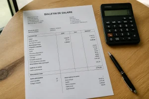 Bulletin de salaire luxembourgeois posé sur un bureau avec une calculatrice