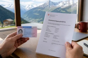 Documents de titre de séjour français et permis de travail suisse posés sur un bureau