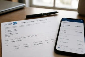 RIB et smartphone affichant une application bancaire sur un bureau, pour vérifier le titulaire d'un IBAN
