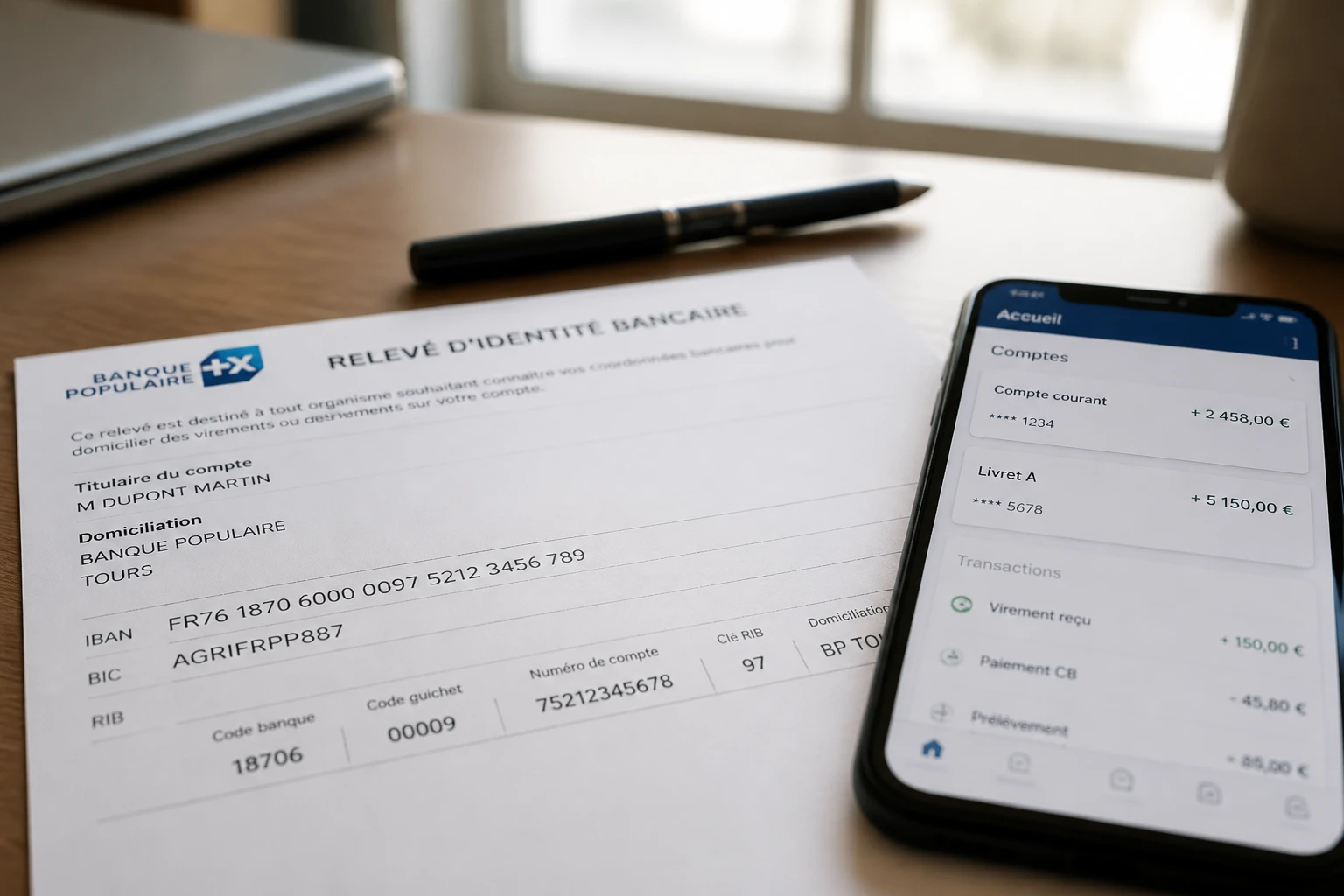 RIB et smartphone affichant une application bancaire sur un bureau, pour vérifier le titulaire d'un IBAN