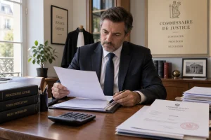 Commissaire de justice examinant un document légal à son bureau avant une procédure de saisie