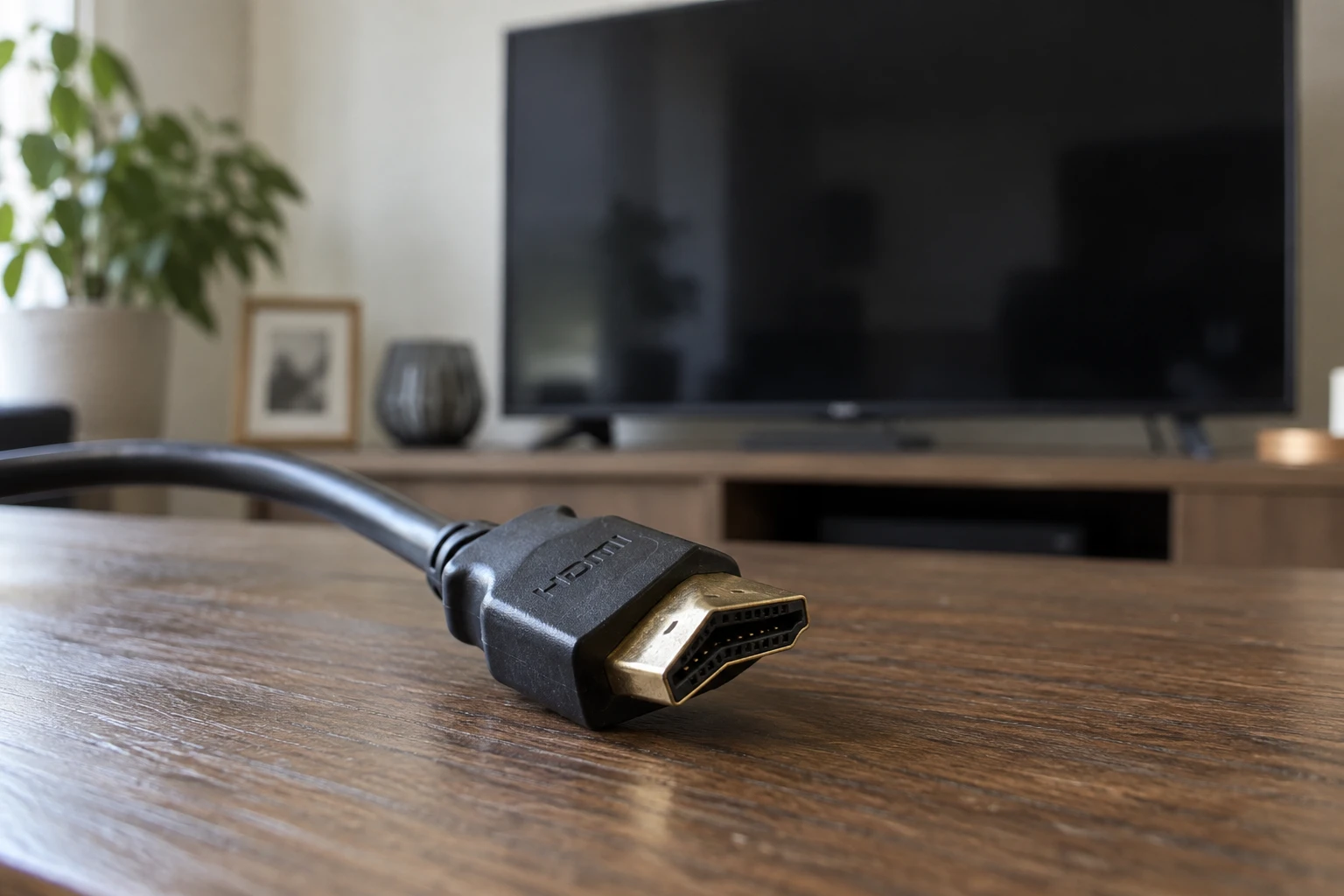 Câble HDMI au connecteur abîmé posé devant un téléviseur dont l'écran reste noir