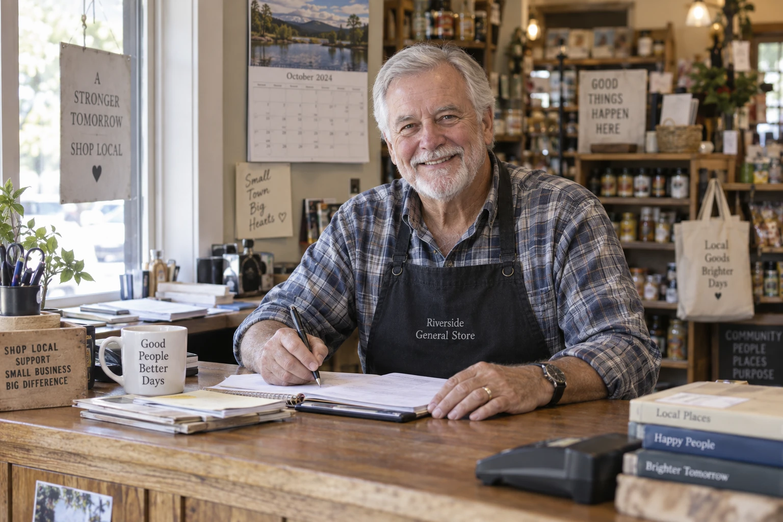 Retraité souriant travaillant à temps partiel dans une petite boutique éclairée par la lumière naturelle