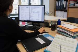 Agent de la fonction publique consultant son relevé de droits et sa fiche de paie au bureau