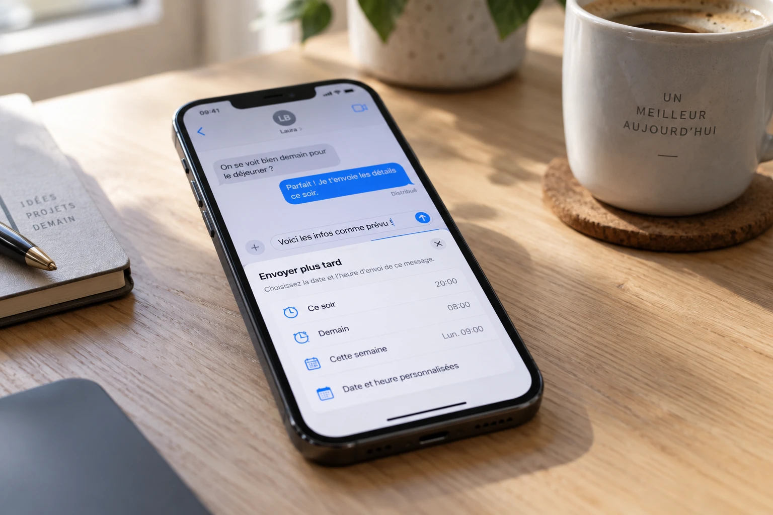 iPhone affichant l'option d'envoi différé dans l'application Messages sur un bureau en bois
