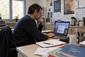 Enseignant se connectant au portail Eduline sur un ordinateur portable en salle des professeurs