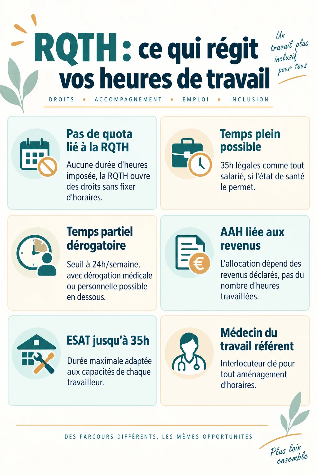 RQTH : ce qui régit vos heures de travail : Pas de quota lié à la RQTH, Temps plein possible, Temps partiel dérogatoire, AAH liée aux revenus, ESAT jusqu'à 35h, Médecin du travail référent