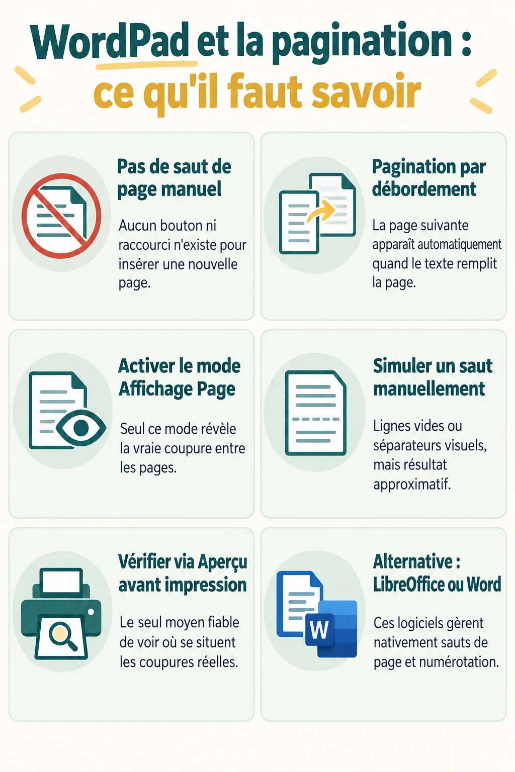 WordPad et la pagination : ce qu'il faut savoir : Pas de saut de page manuel, Pagination par débordement, Activer le mode Affichage Page, Simuler un saut manuellement, Vérifier via Aperçu avant impression, Alternative : LibreOffice ou Word