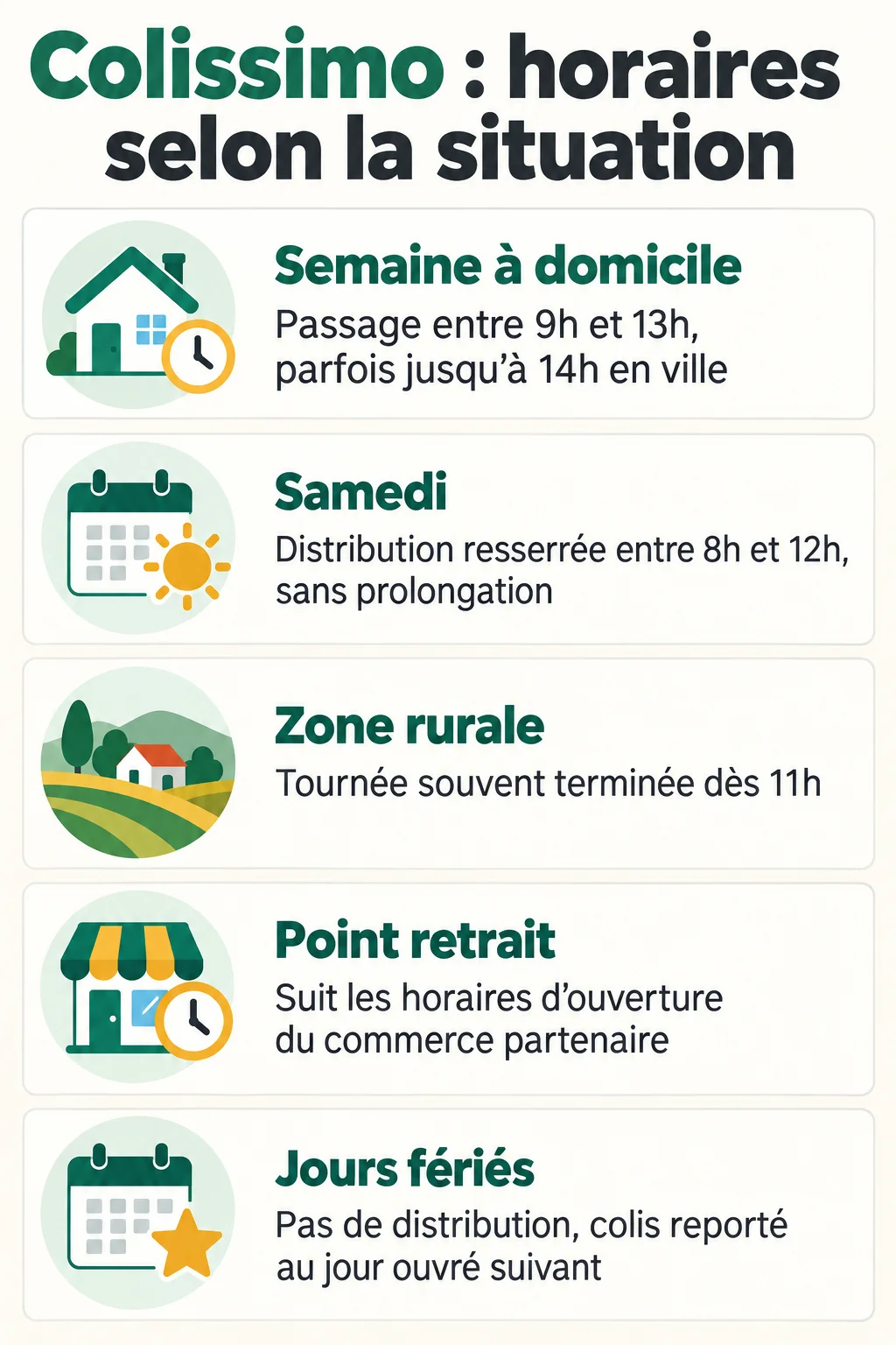 Colissimo : horaires selon la situation : Semaine à domicile, Samedi, Zone rurale, Point retrait, Jours fériés
