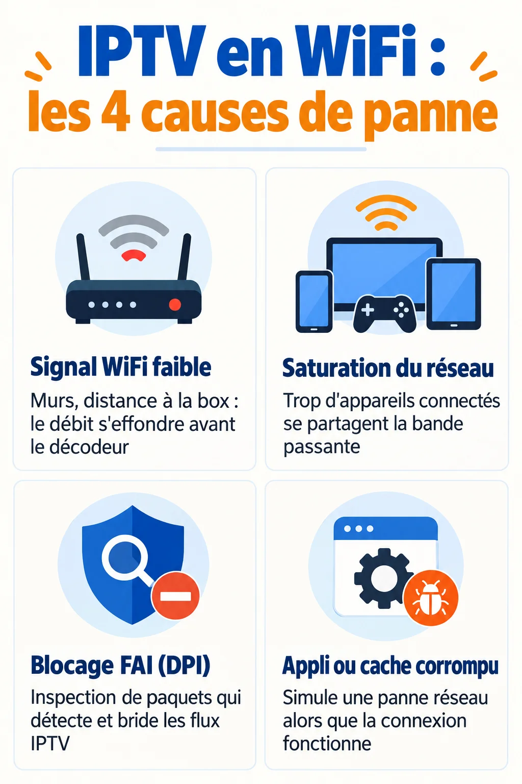 IPTV en WiFi : les 4 causes de panne : Signal WiFi faible, Saturation du réseau, Blocage FAI (DPI), Appli ou cache corrompu