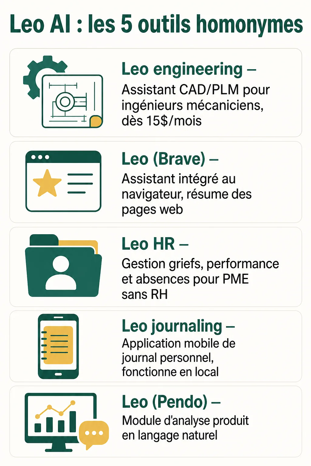 Leo AI : les 5 outils homonymes : Leo engineering, Leo (Brave), Leo HR, Leo journaling, Leo (Pendo)
