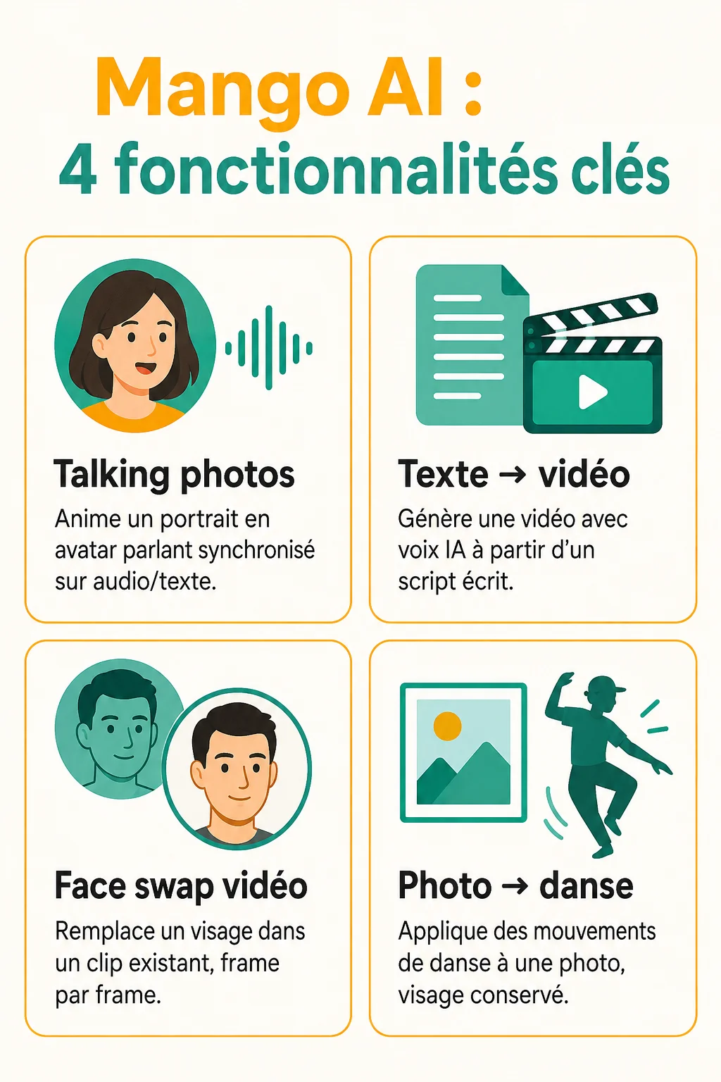 Mango AI : 4 fonctionnalités clés : Talking photos, Texte → vidéo, Face swap vidéo, Photo → danse