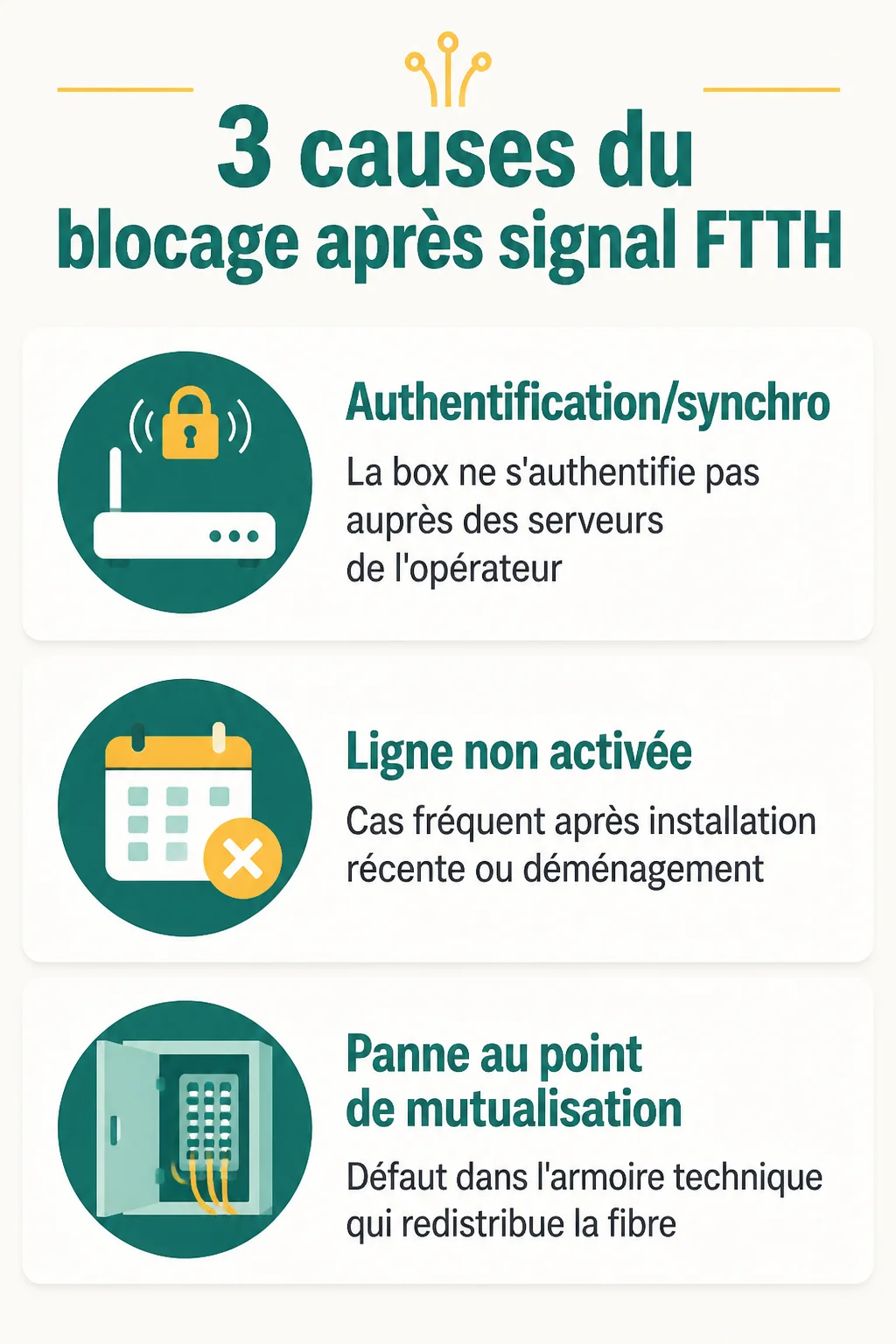 3 causes du blocage après signal FTTH : Authentification/synchro, Ligne non activée, Panne au point de mutualisation