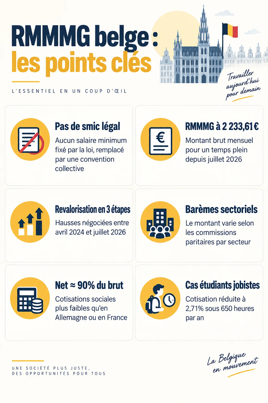 RMMMG belge : les points clés : Pas de smic légal, RMMMG à 2 233,61€, Revalorisation en 3 étapes, Barèmes sectoriels, Net ≈ 90% du brut, Cas étudiants jobistes