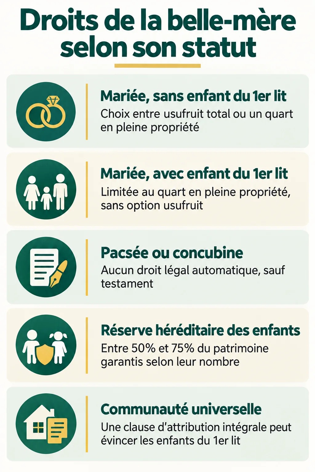 Droits de la belle-mère selon son statut : Mariée, sans enfant du 1er lit, Mariée, avec enfant du 1er lit, Pacsée ou concubine, Réserve héréditaire des enfants, Communauté universelle