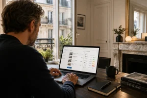 Propriétaire consultant l'interface de gestion locative Pandaloc sur son ordinateur portable