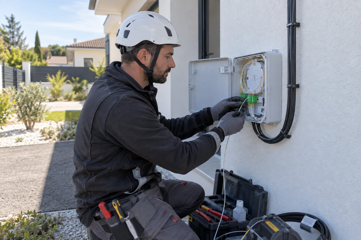 Technicien réalisant un raccordement fibre en façade d'une maison individuelle neuve