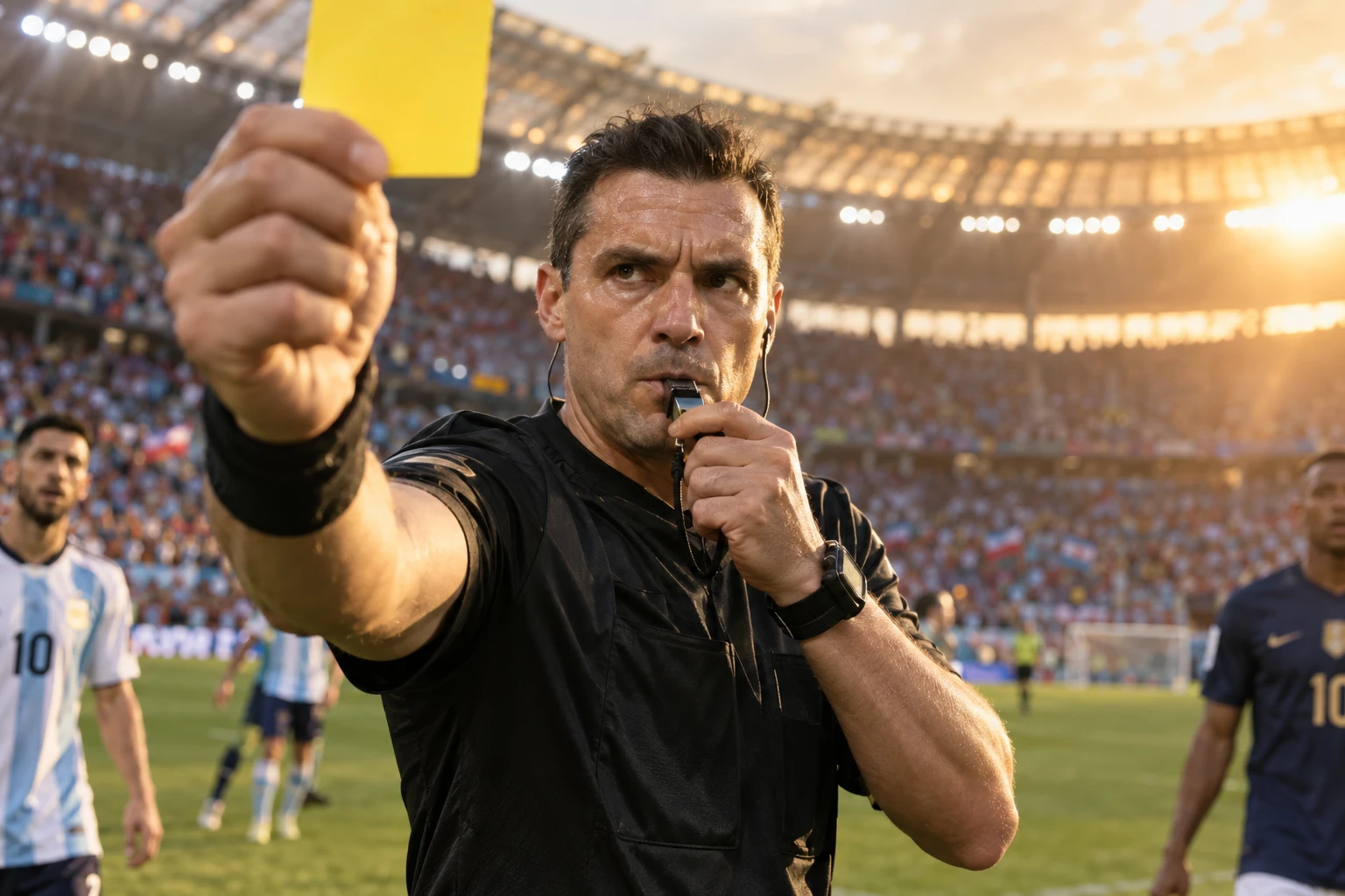 Arbitre de football sifflant au centre d'un stade lors d'un match de Coupe du monde