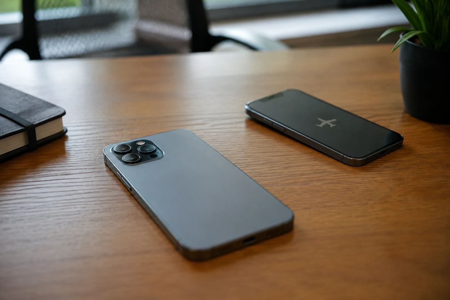 Smartphone posé sur un bureau en bois avec un second téléphone affichant le mode avion