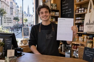 Employé belge tenant sa fiche de paie dans un commerce, illustrant le smic belgique 2026