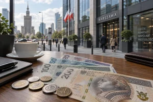 Billets de zlotys polonais posés sur un bureau avec Varsovie en arrière-plan
