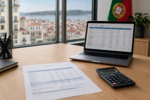 Fiche de paie et calculatrice sur un bureau illustrant le calcul du SMIC Portugal 2026