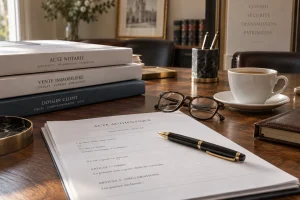 Documents de succession sur un bureau, contexte d'héritage familial après décès