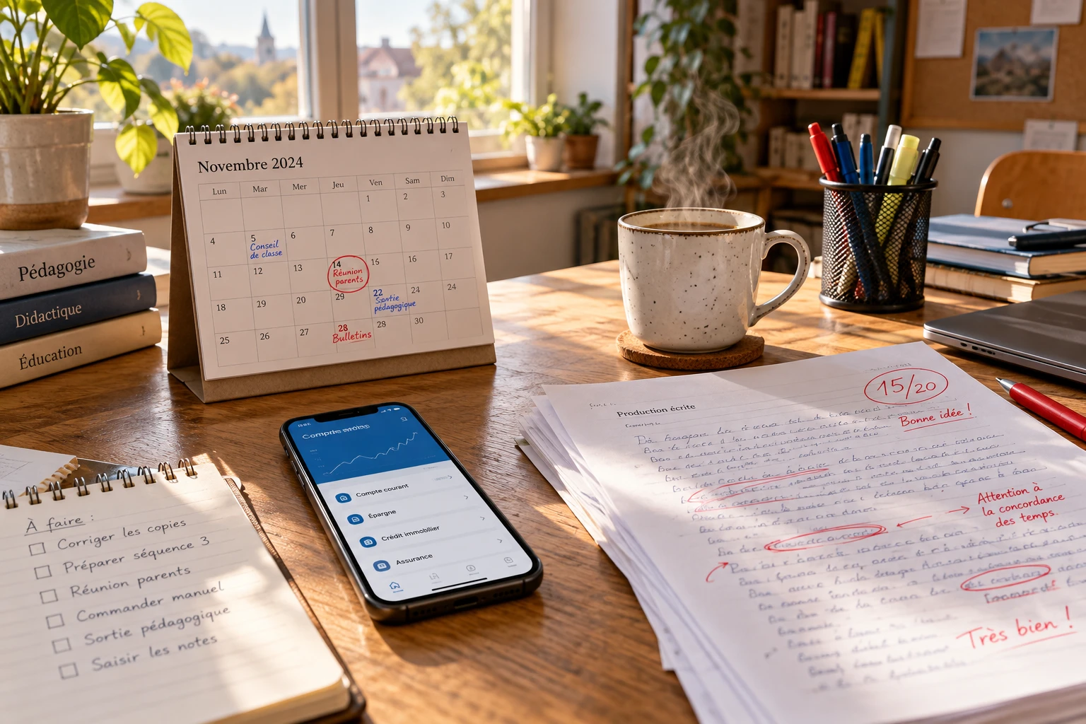 Bureau d'enseignant avec calendrier, copies et smartphone affichant une application bancaire