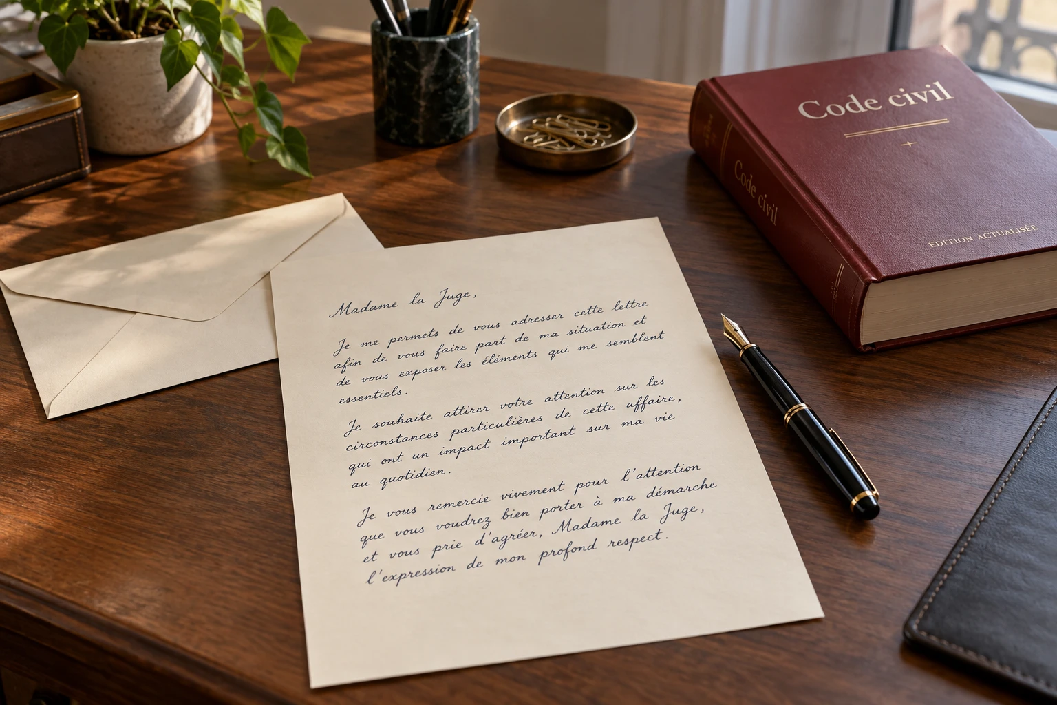 Lettre manuscrite adressée à un juge posée sur un bureau avec un stylo plume et une enveloppe