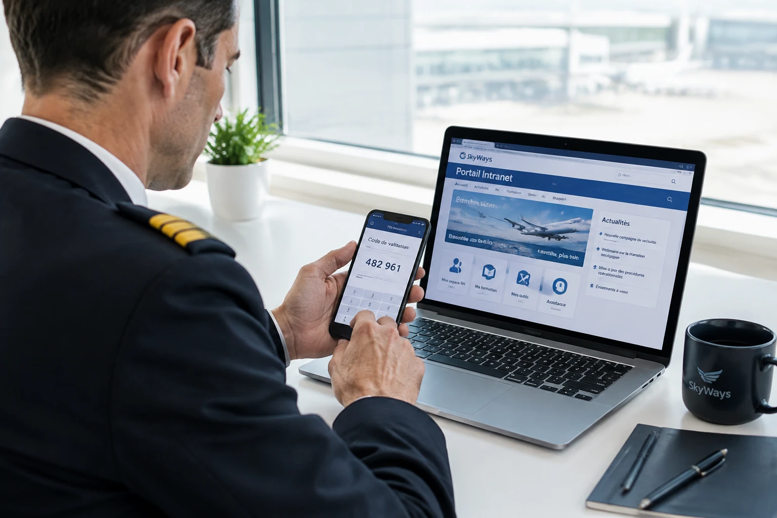 Salarié d'une compagnie aérienne validant sa connexion intranet avec son smartphone devant un ordinateur