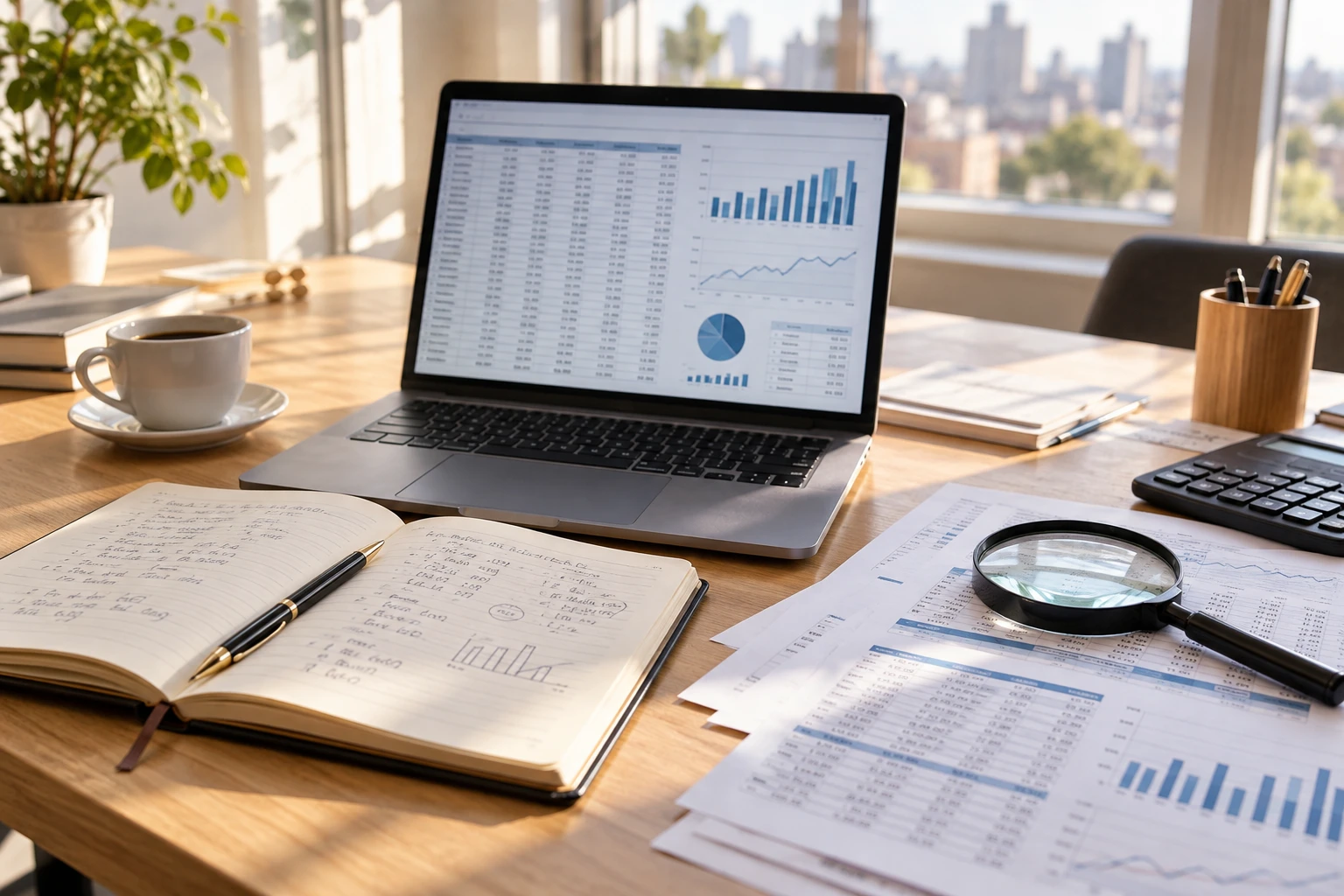 Bureau avec documents comptables et loupe pour illustrer la vérification d'une estimation de fortune